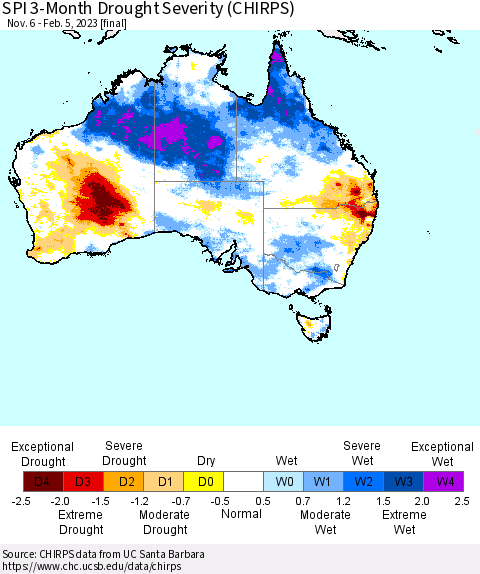 Australia SPI 3-Month Drought Severity (CHIRPS) Thematic Map For 11/6/2022 - 2/5/2023