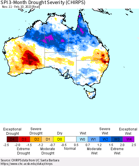Australia SPI 3-Month Drought Severity (CHIRPS) Thematic Map For 11/11/2022 - 2/10/2023