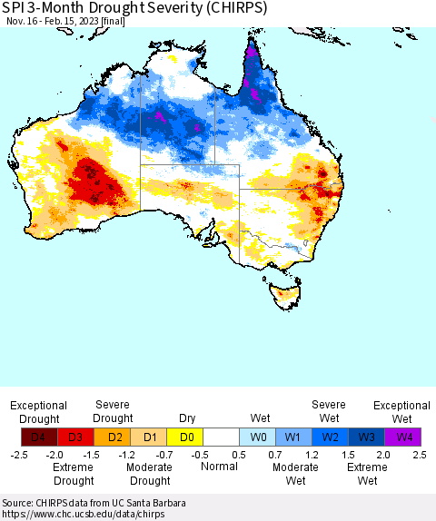 Australia SPI 3-Month Drought Severity (CHIRPS) Thematic Map For 11/16/2022 - 2/15/2023