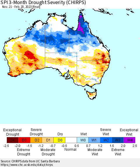 Australia SPI 3-Month Drought Severity (CHIRPS) Thematic Map For 11/21/2022 - 2/20/2023