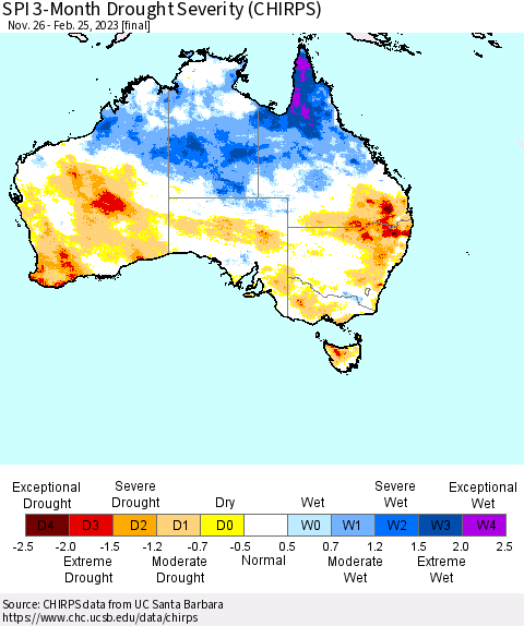 Australia SPI 3-Month Drought Severity (CHIRPS) Thematic Map For 11/26/2022 - 2/25/2023