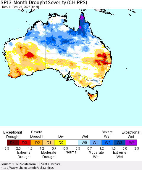 Australia SPI 3-Month Drought Severity (CHIRPS) Thematic Map For 12/1/2022 - 2/28/2023