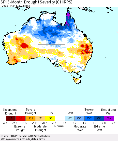 Australia SPI 3-Month Drought Severity (CHIRPS) Thematic Map For 12/6/2022 - 3/5/2023