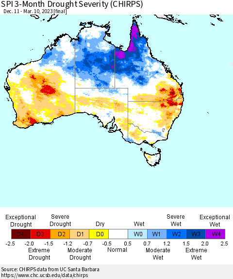 Australia SPI 3-Month Drought Severity (CHIRPS) Thematic Map For 12/11/2022 - 3/10/2023
