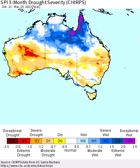 Australia SPI 3-Month Drought Severity (CHIRPS) Thematic Map For 12/21/2022 - 3/20/2023