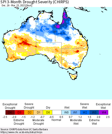 Australia SPI 3-Month Drought Severity (CHIRPS) Thematic Map For 12/26/2022 - 3/25/2023