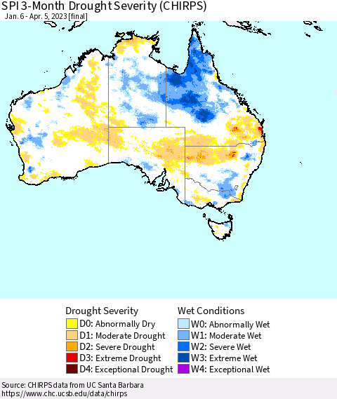 Australia SPI 3-Month Drought Severity (CHIRPS) Thematic Map For 1/6/2023 - 4/5/2023