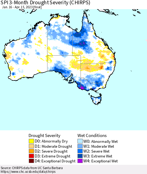 Australia SPI 3-Month Drought Severity (CHIRPS) Thematic Map For 1/16/2023 - 4/15/2023