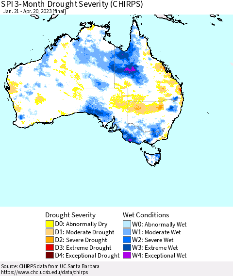 Australia SPI 3-Month Drought Severity (CHIRPS) Thematic Map For 1/21/2023 - 4/20/2023