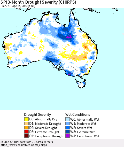 Australia SPI 3-Month Drought Severity (CHIRPS) Thematic Map For 1/26/2023 - 4/25/2023