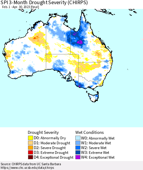 Australia SPI 3-Month Drought Severity (CHIRPS) Thematic Map For 2/1/2023 - 4/30/2023