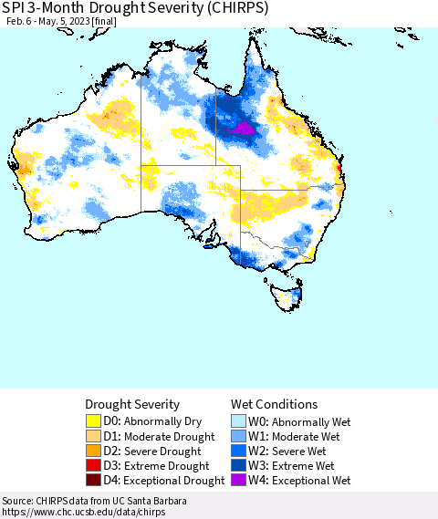 Australia SPI 3-Month Drought Severity (CHIRPS) Thematic Map For 2/6/2023 - 5/5/2023