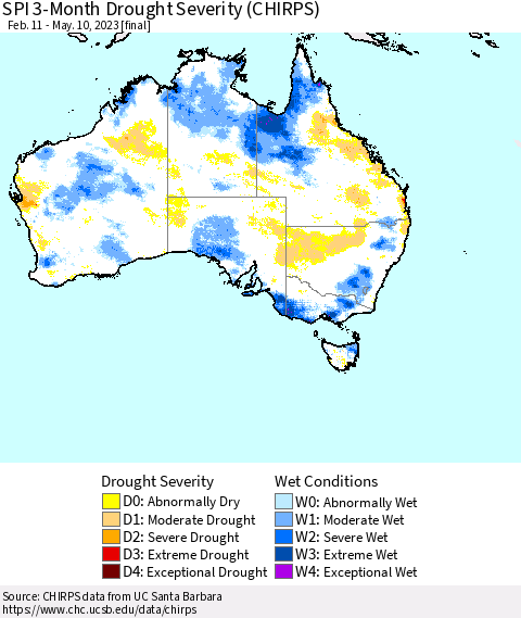 Australia SPI 3-Month Drought Severity (CHIRPS) Thematic Map For 2/11/2023 - 5/10/2023