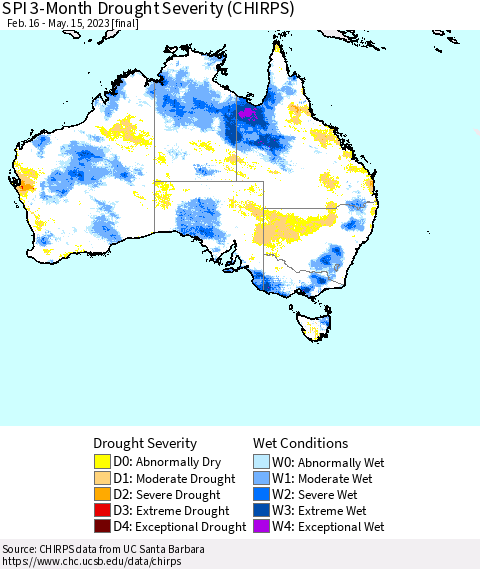 Australia SPI 3-Month Drought Severity (CHIRPS) Thematic Map For 2/16/2023 - 5/15/2023