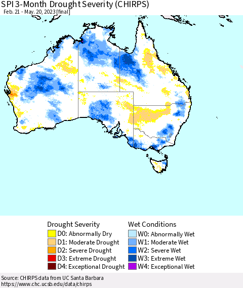 Australia SPI 3-Month Drought Severity (CHIRPS) Thematic Map For 2/21/2023 - 5/20/2023