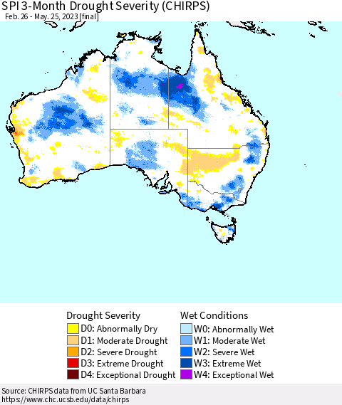 Australia SPI 3-Month Drought Severity (CHIRPS) Thematic Map For 2/26/2023 - 5/25/2023