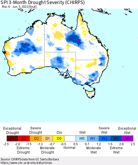 Australia SPI 3-Month Drought Severity (CHIRPS) Thematic Map For 3/6/2023 - 6/5/2023