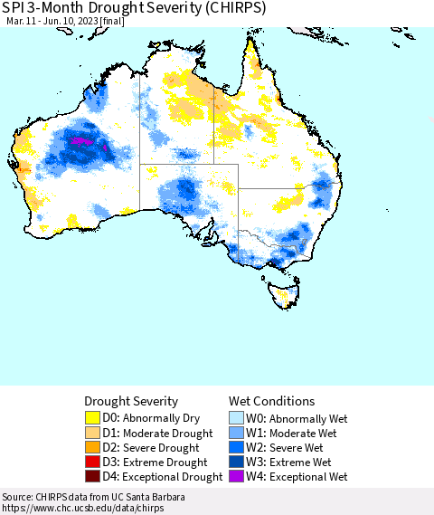 Australia SPI 3-Month Drought Severity (CHIRPS) Thematic Map For 3/11/2023 - 6/10/2023