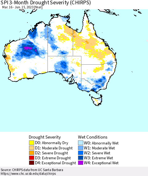 Australia SPI 3-Month Drought Severity (CHIRPS) Thematic Map For 3/16/2023 - 6/15/2023