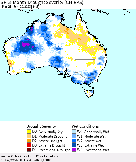 Australia SPI 3-Month Drought Severity (CHIRPS) Thematic Map For 3/21/2023 - 6/20/2023