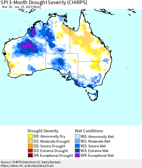Australia SPI 3-Month Drought Severity (CHIRPS) Thematic Map For 3/26/2023 - 6/25/2023