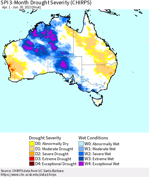 Australia SPI 3-Month Drought Severity (CHIRPS) Thematic Map For 4/1/2023 - 6/30/2023