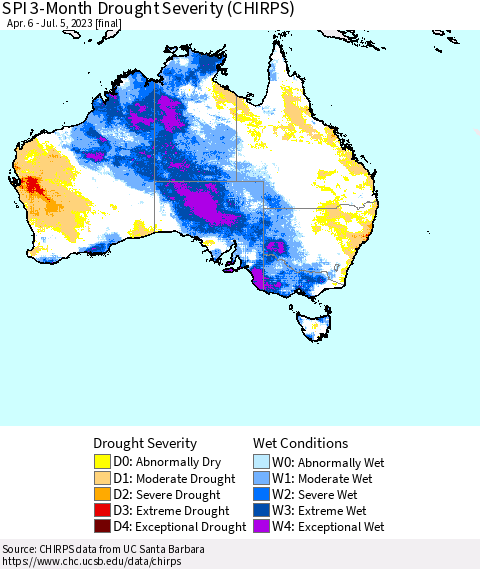 Australia SPI 3-Month Drought Severity (CHIRPS) Thematic Map For 4/6/2023 - 7/5/2023