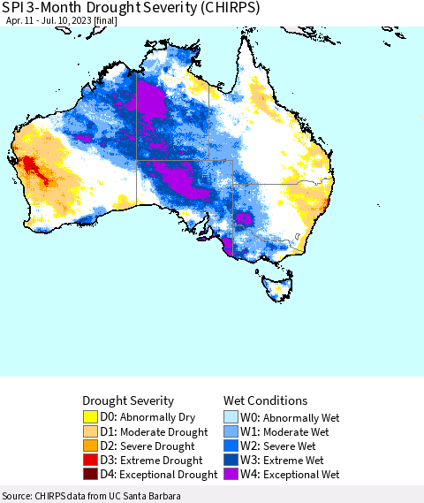 Australia SPI 3-Month Drought Severity (CHIRPS) Thematic Map For 4/11/2023 - 7/10/2023