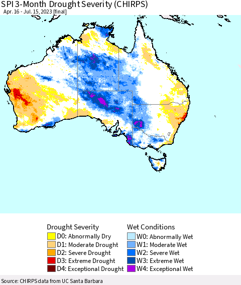 Australia SPI 3-Month Drought Severity (CHIRPS) Thematic Map For 4/16/2023 - 7/15/2023