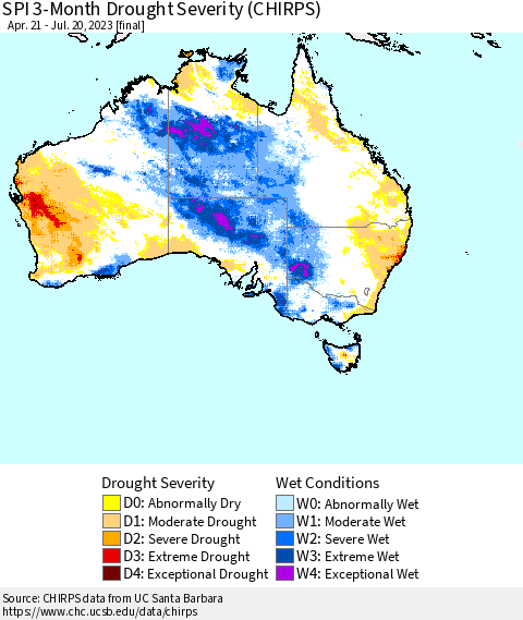 Australia SPI 3-Month Drought Severity (CHIRPS) Thematic Map For 4/21/2023 - 7/20/2023