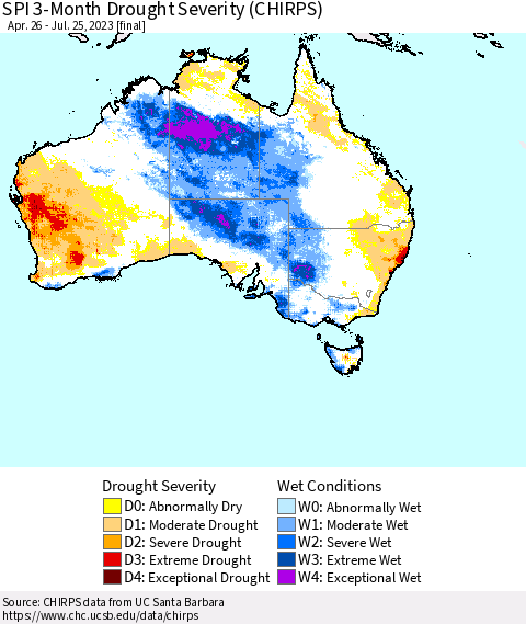 Australia SPI 3-Month Drought Severity (CHIRPS) Thematic Map For 4/26/2023 - 7/25/2023