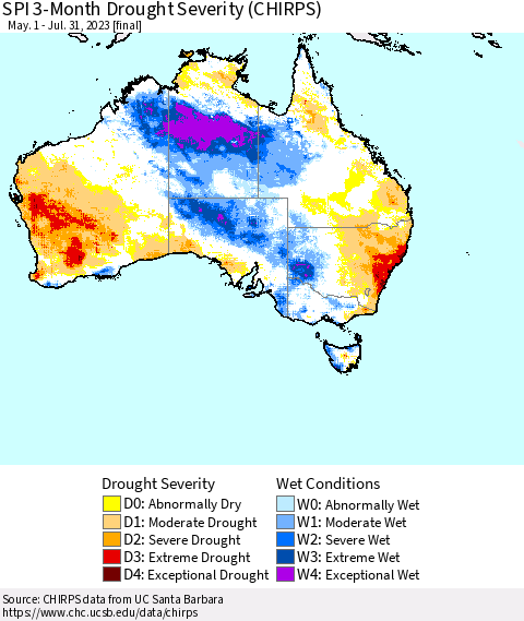 Australia SPI 3-Month Drought Severity (CHIRPS) Thematic Map For 5/1/2023 - 7/31/2023