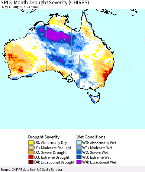 Australia SPI 3-Month Drought Severity (CHIRPS) Thematic Map For 5/6/2023 - 8/5/2023