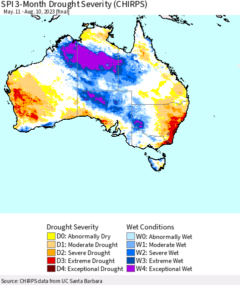 Australia SPI 3-Month Drought Severity (CHIRPS) Thematic Map For 5/11/2023 - 8/10/2023