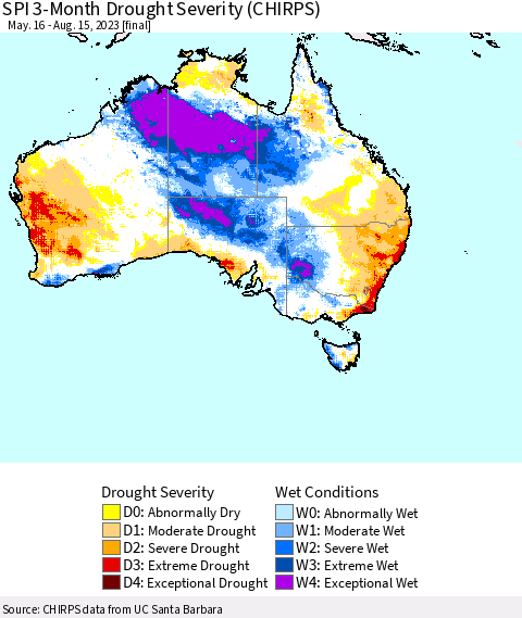 Australia SPI 3-Month Drought Severity (CHIRPS) Thematic Map For 5/16/2023 - 8/15/2023