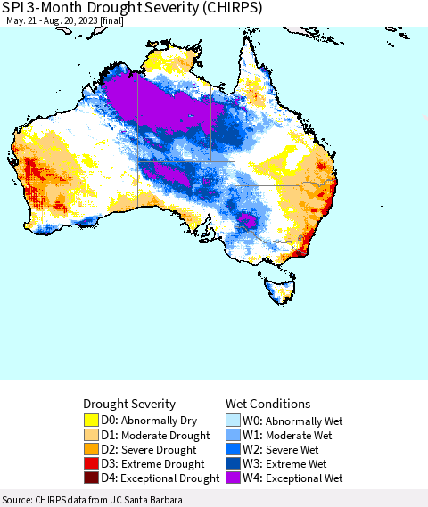 Australia SPI 3-Month Drought Severity (CHIRPS) Thematic Map For 5/21/2023 - 8/20/2023