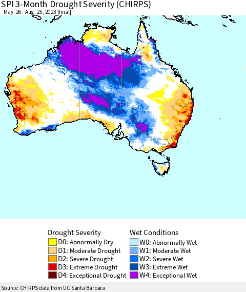 Australia SPI 3-Month Drought Severity (CHIRPS) Thematic Map For 5/26/2023 - 8/25/2023