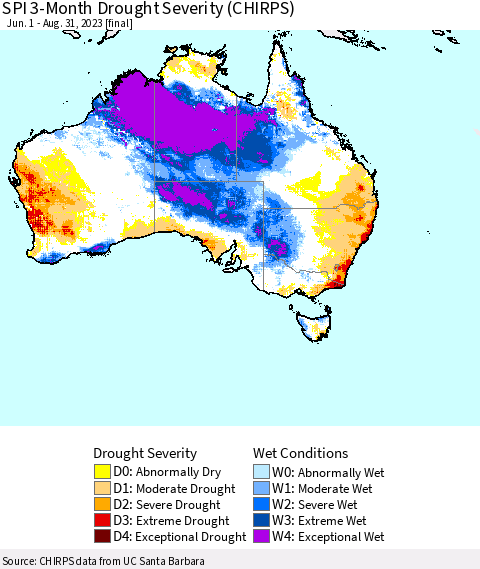 Australia SPI 3-Month Drought Severity (CHIRPS) Thematic Map For 6/1/2023 - 8/31/2023