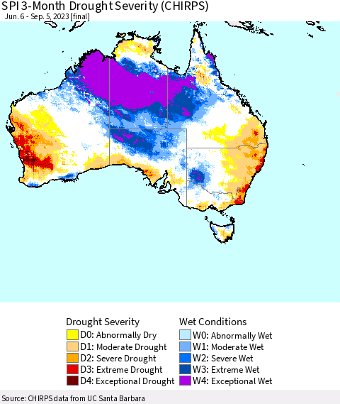 Australia SPI 3-Month Drought Severity (CHIRPS) Thematic Map For 6/6/2023 - 9/5/2023