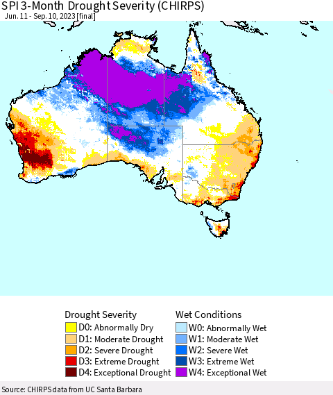 Australia SPI 3-Month Drought Severity (CHIRPS) Thematic Map For 6/11/2023 - 9/10/2023