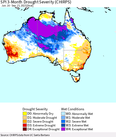 Australia SPI 3-Month Drought Severity (CHIRPS) Thematic Map For 6/16/2023 - 9/15/2023