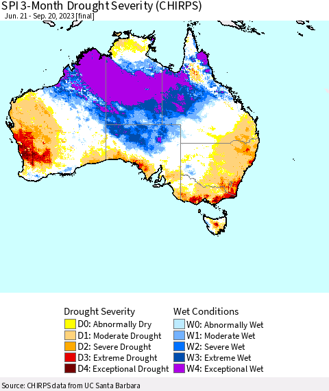 Australia SPI 3-Month Drought Severity (CHIRPS) Thematic Map For 6/21/2023 - 9/20/2023