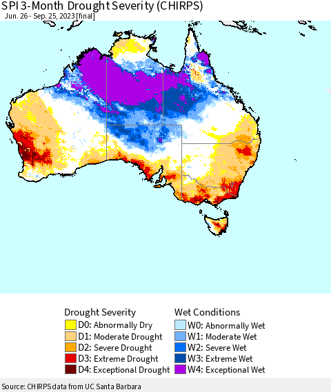 Australia SPI 3-Month Drought Severity (CHIRPS) Thematic Map For 6/26/2023 - 9/25/2023