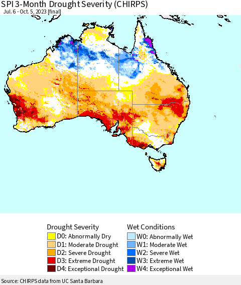 Australia SPI 3-Month Drought Severity (CHIRPS) Thematic Map For 7/6/2023 - 10/5/2023