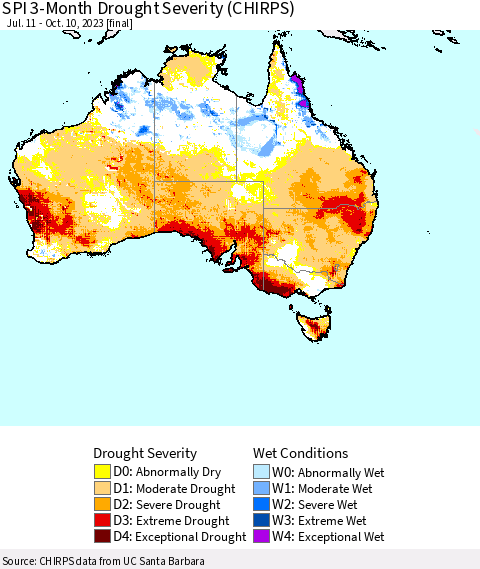 Australia SPI 3-Month Drought Severity (CHIRPS) Thematic Map For 7/11/2023 - 10/10/2023