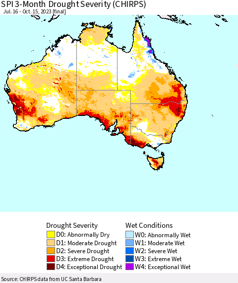 Australia SPI 3-Month Drought Severity (CHIRPS) Thematic Map For 7/16/2023 - 10/15/2023