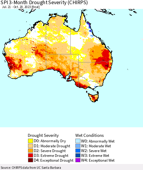 Australia SPI 3-Month Drought Severity (CHIRPS) Thematic Map For 7/21/2023 - 10/20/2023