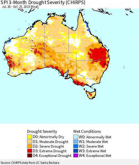 Australia SPI 3-Month Drought Severity (CHIRPS) Thematic Map For 7/26/2023 - 10/25/2023