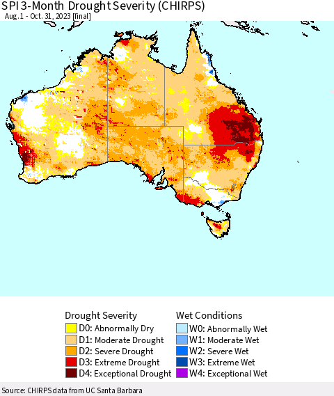 Australia SPI 3-Month Drought Severity (CHIRPS) Thematic Map For 8/1/2023 - 10/31/2023