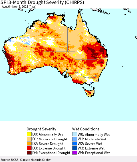 Australia SPI 3-Month Drought Severity (CHIRPS) Thematic Map For 8/6/2023 - 11/5/2023